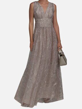 Donna Karan New York Women's Beige Sequin Embroidered Mesh Gown Dress Size 12